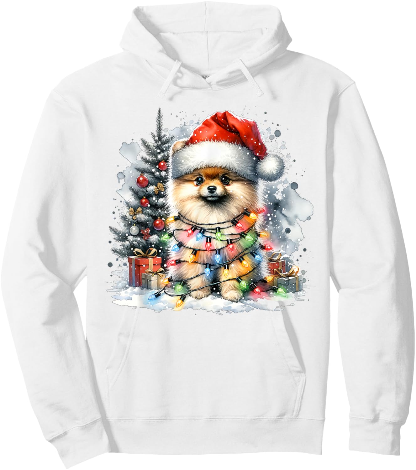 Funny Cute Santa Pomeranian Dog Tangled In Christmas Lights Hoodie - Hoodie | White
