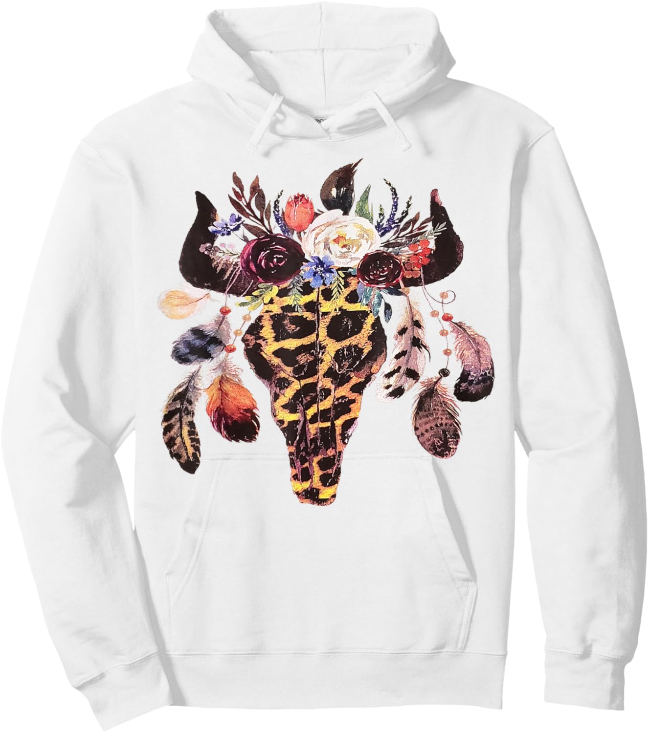 Western Boho Cow Cowgirl Cowboy Bull Skull Leopard Vintage Hoodie - Hoodie | White
