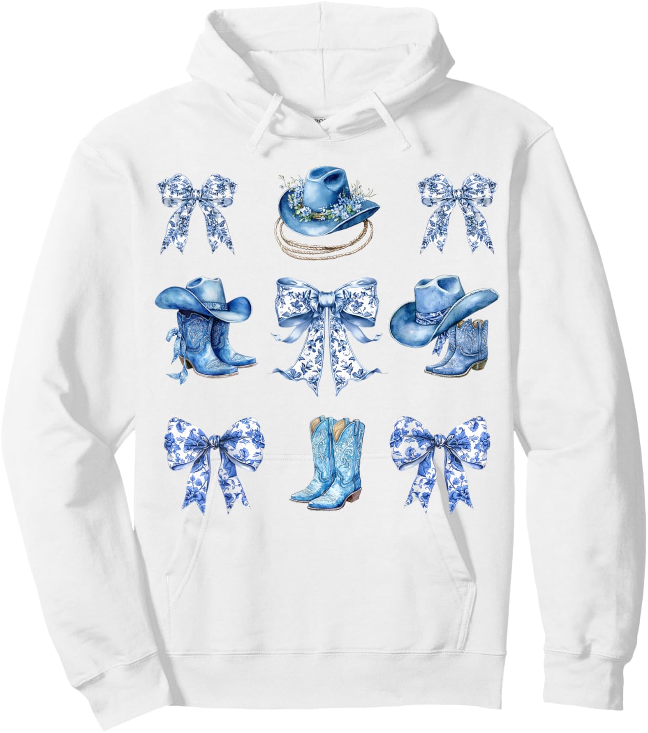 Blue Coquette Cowgirl Bows Boots Cowboy Hat Western Hoodie - Hoodie | White