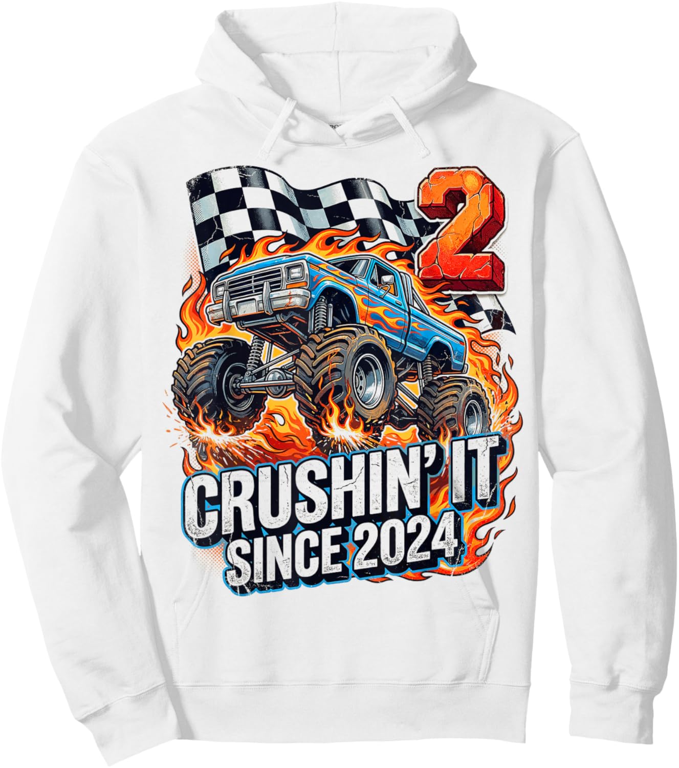 Birthday Monster Truck 2 Year Old Boys 2nd Party Born 2024 Hoodie - Hoodie | White
