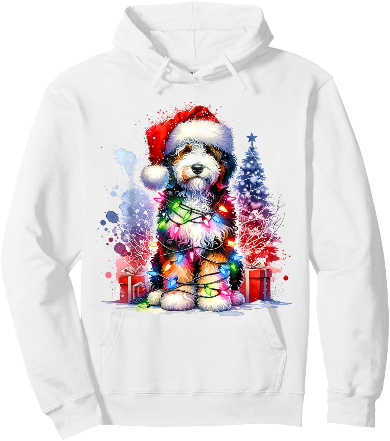 Festive Bernedoodle Dog Santa Hat Christmas Tree Lights Women Kids Hoodie - Hoodie | White