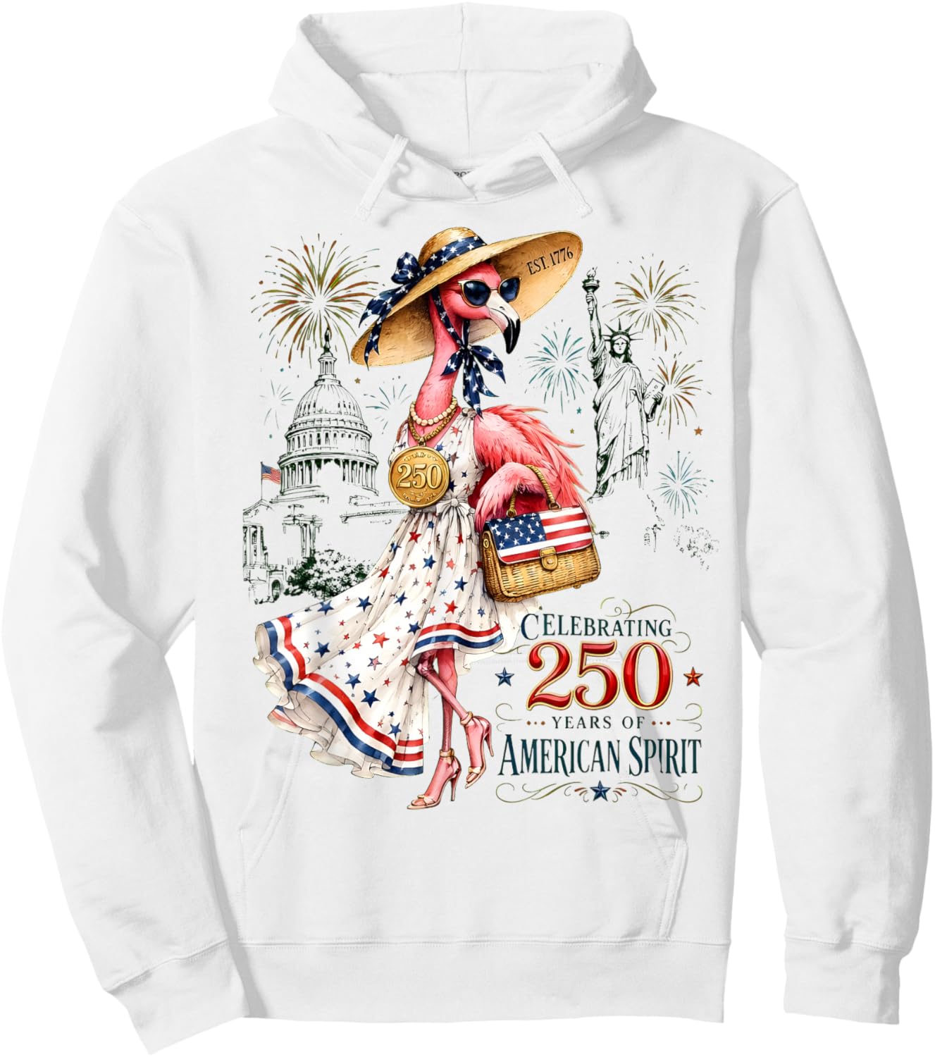 Patriotic Flamingo 250 Years Celebrating American Spirit Hoodie - Hoodie | White