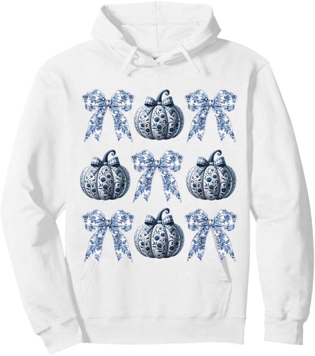 Blue and White Pumpkins Chinoiserie With Bow Fall Halloween Hoodie - Hoodie | White