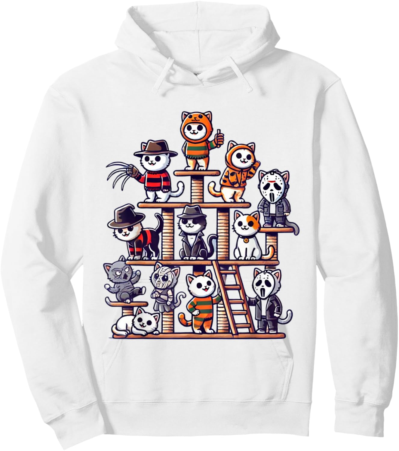 Funny Horror Movie Cats Playing On Cat Tree Hoodie - Hoodie | White