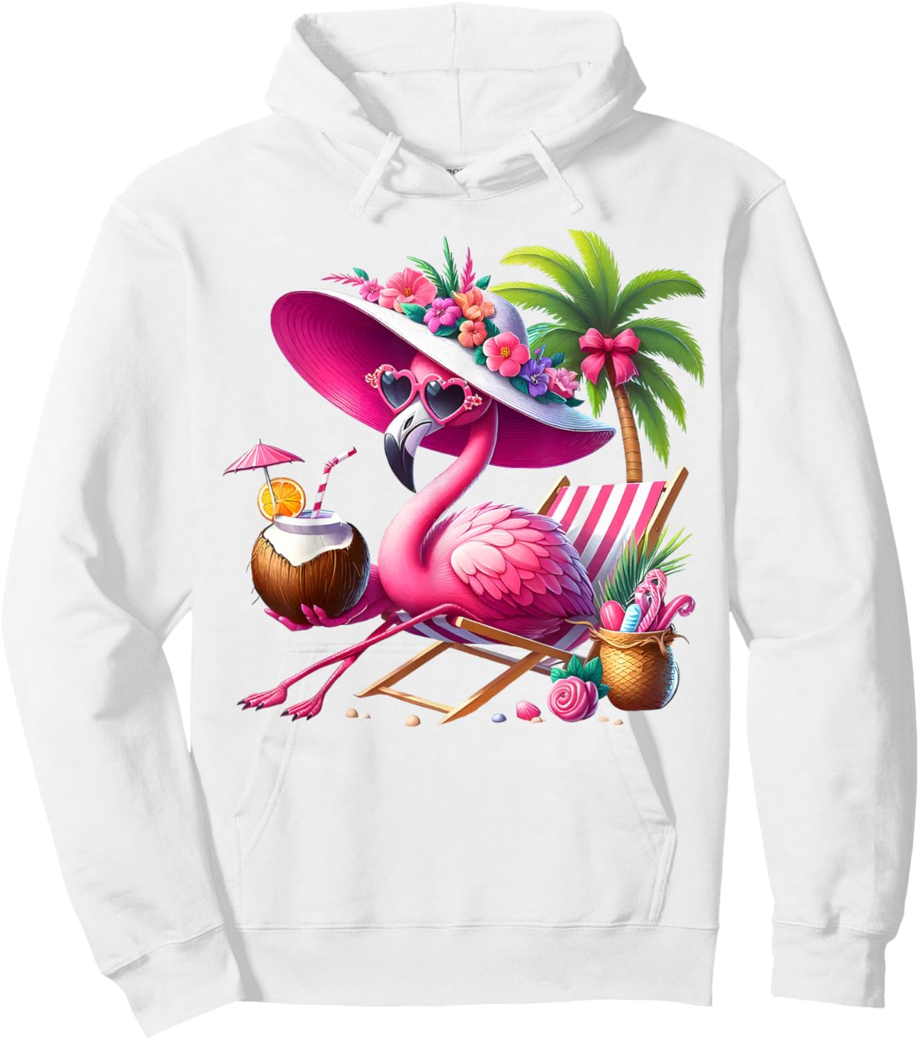 Flamingo Pink Palm Tree Tropical Beach Summer Vacation Women Hoodie - Hoodie | White