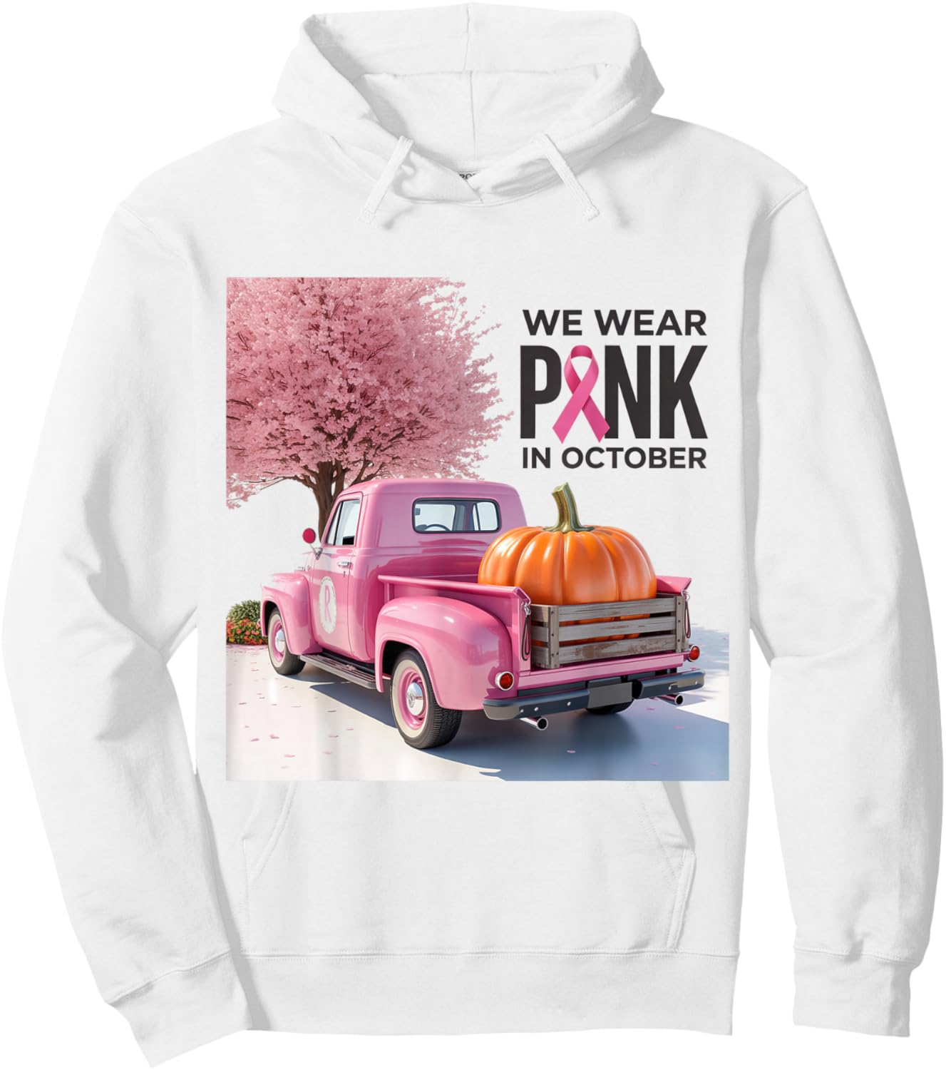 in October We Wear Pink Truck Breast Cancer Hoodie - Hoodie | White