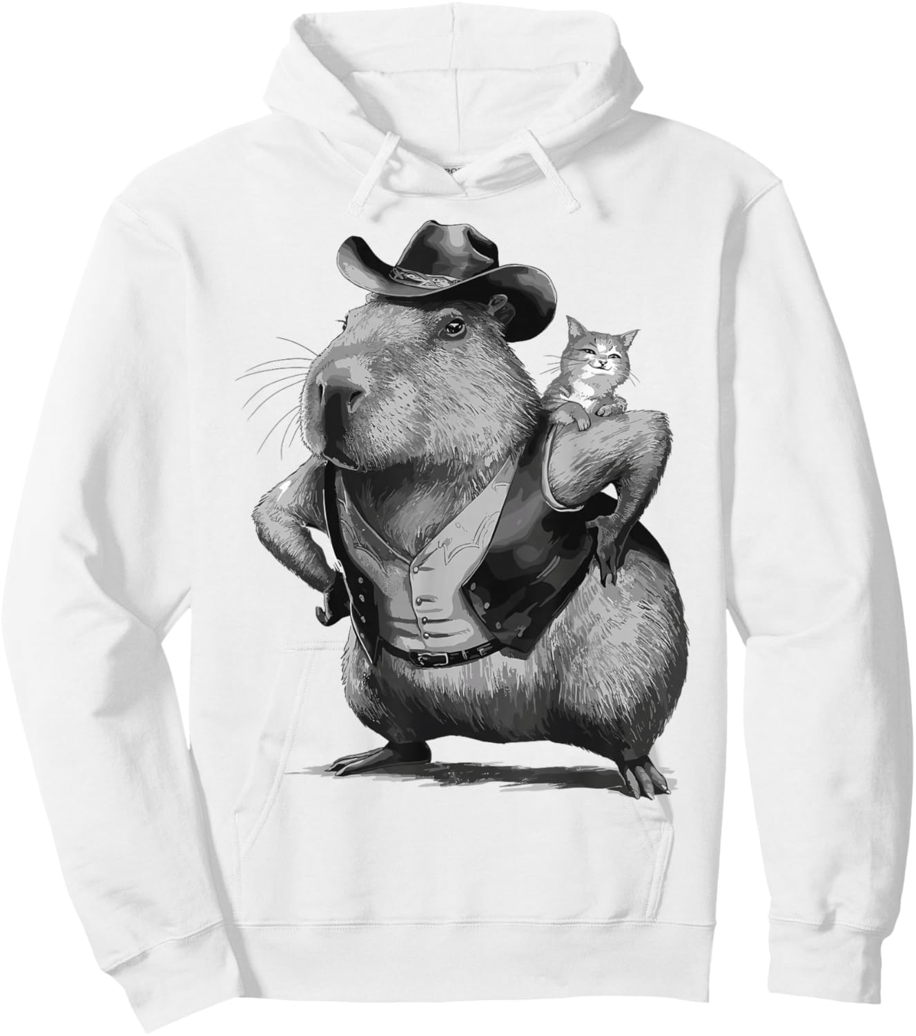 Retro Vintage Cat Riding Capybara Meme Rodent Cowboy Style Hoodie - Hoodie | White