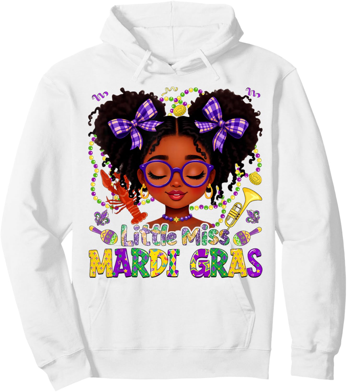 Little Miss Mardi Gras Afro Messy Bun New Orleans Girls Kids Hoodie - Hoodie | White