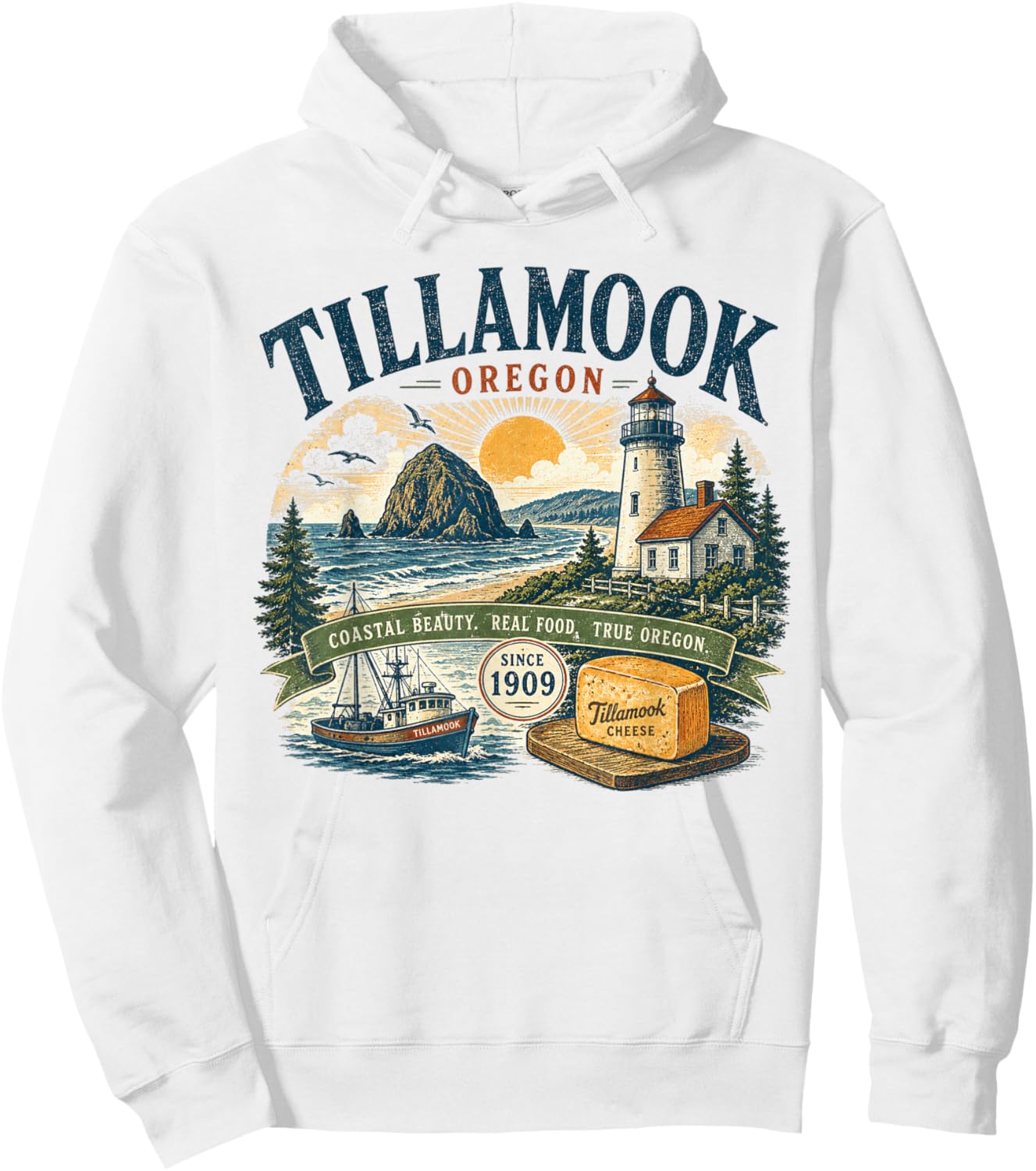Tillamook Oregon Coastal Beauty - Vintage Retro Illustration Hoodie - Hoodie | White