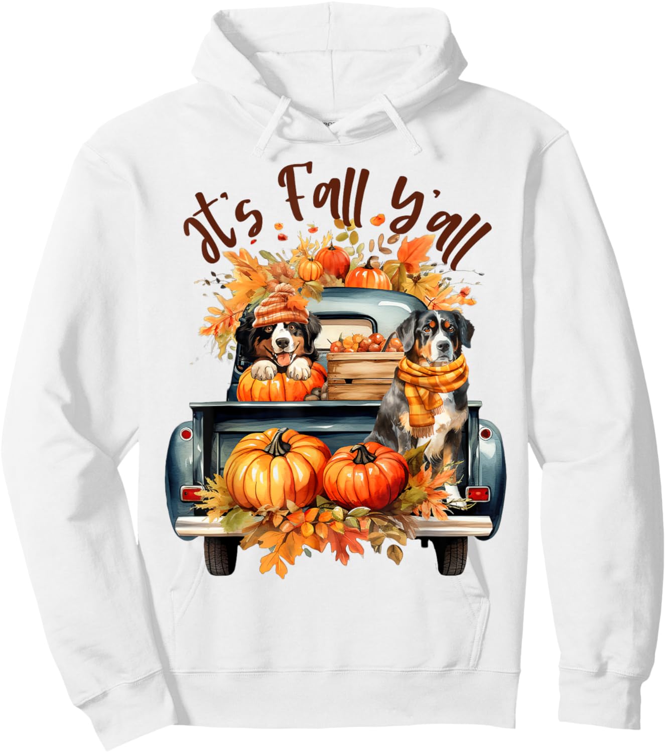 It’s Fall Y’all Bernese Mountain Dogs Pumpkins Truck Autumn Hoodie - Hoodie | White