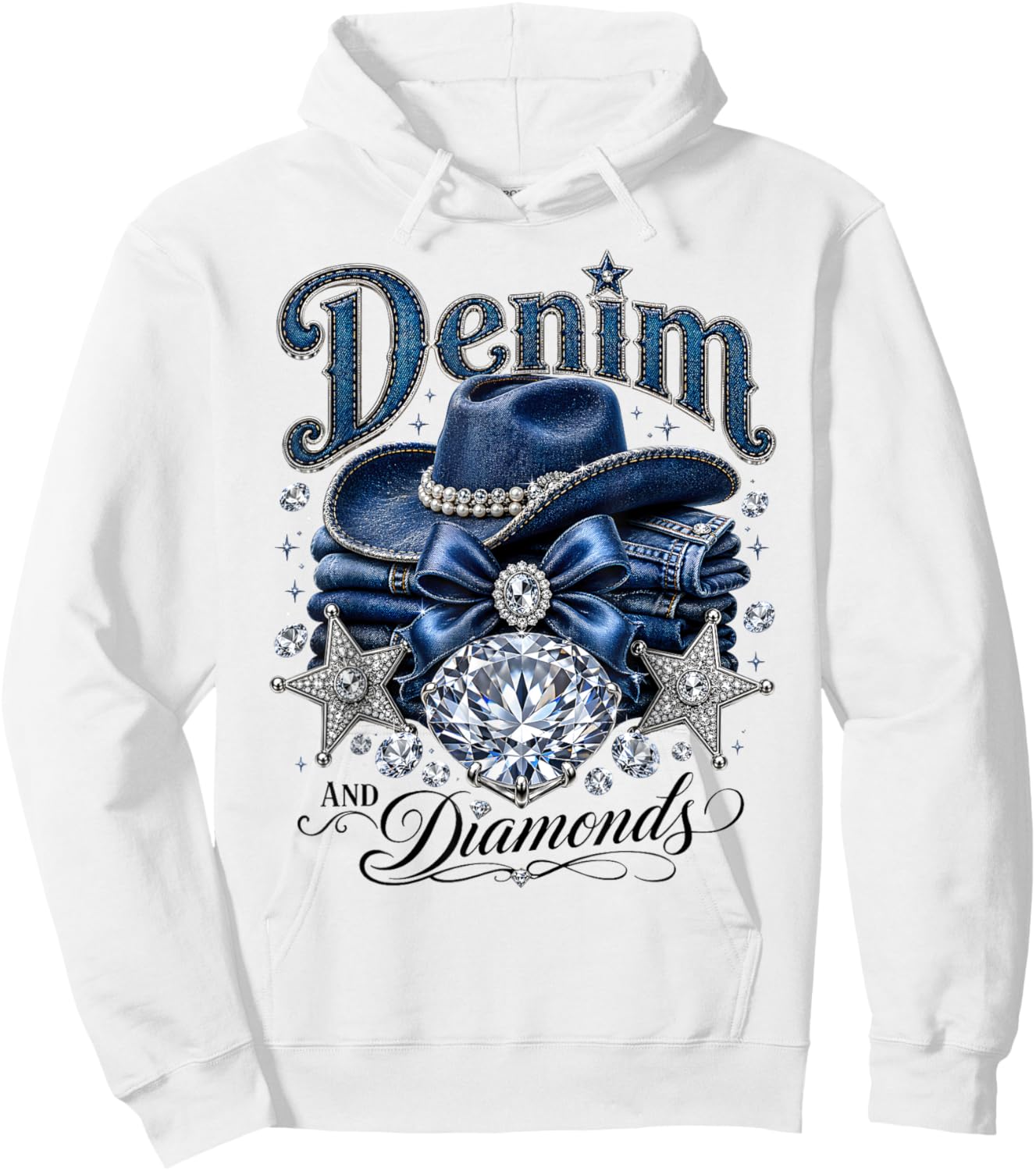 Denim and Diamonds Western Cowgirl Glam Style Hoodie - Hoodie | White