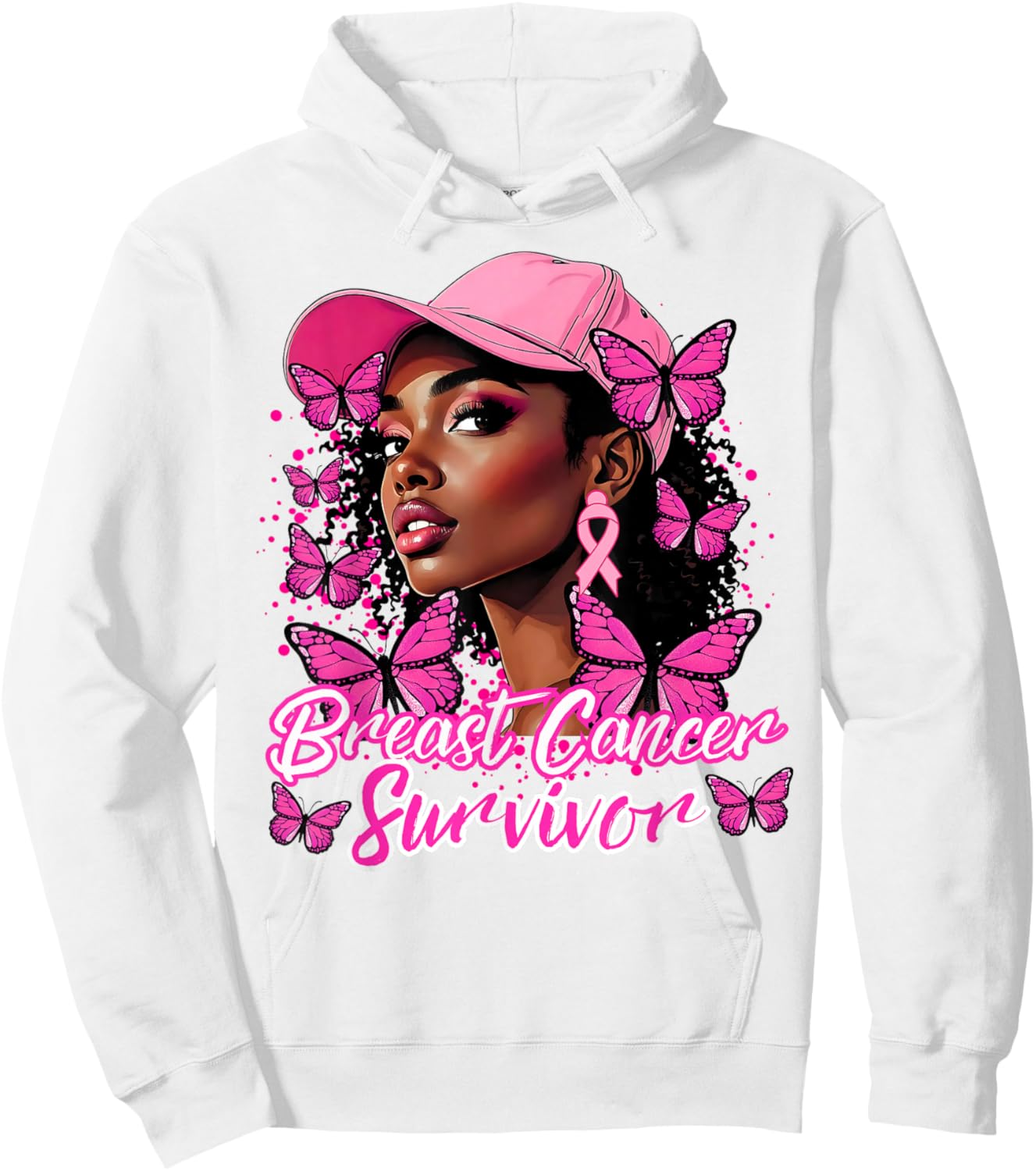 Black Afro Women Butterfly Breast Cancer Awareness Survivor Hoodie - Hoodie | White