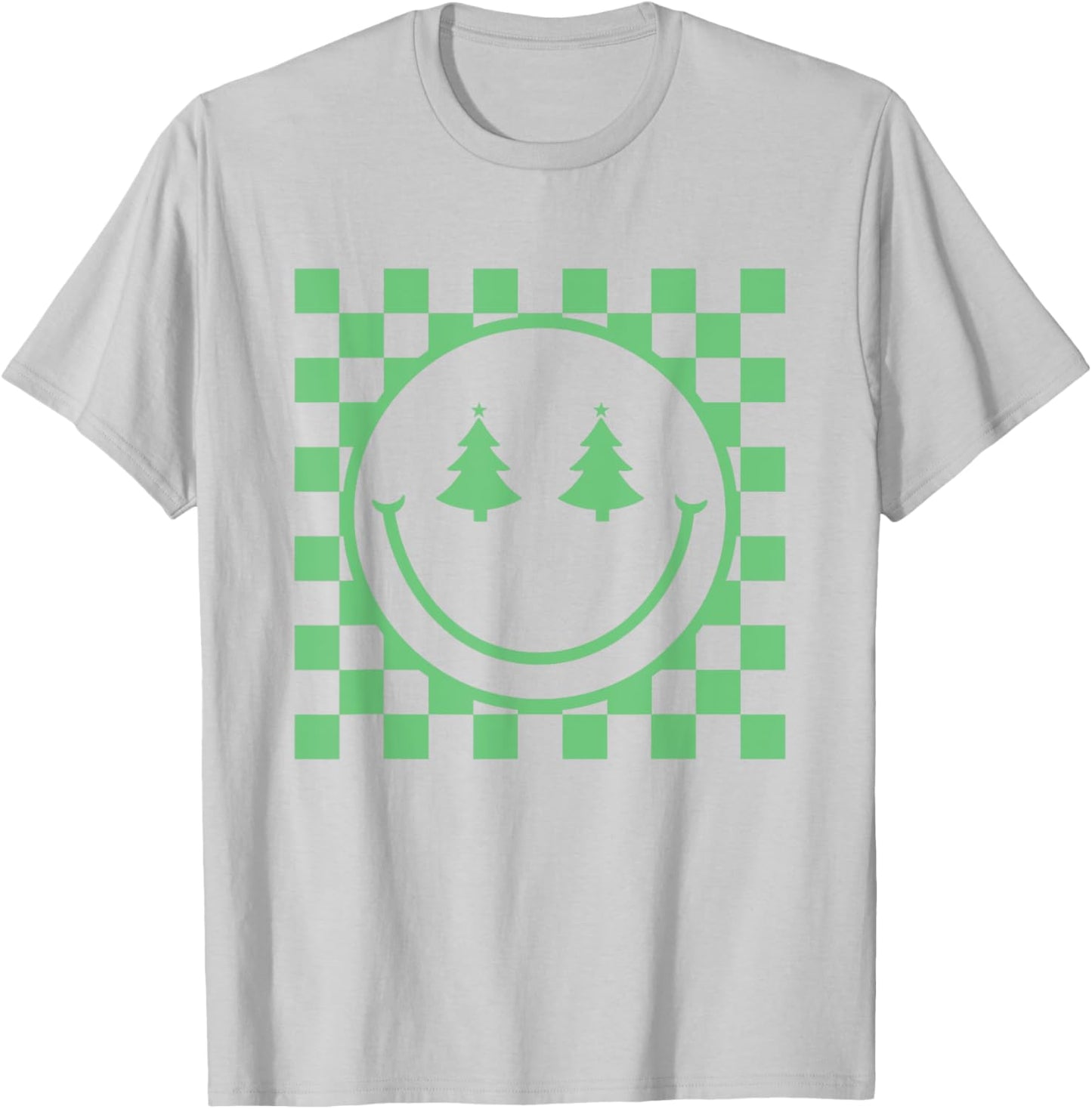 Retro Christmas Smile Face Shirt Checkered Pattern Winter T-Shirt - T-Shirt | Ash