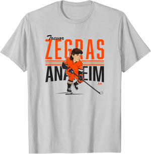 Trevor Zegras: Center Ice Caricature - Anaheim Hockey T-Shirt - T-Shirt | Ash