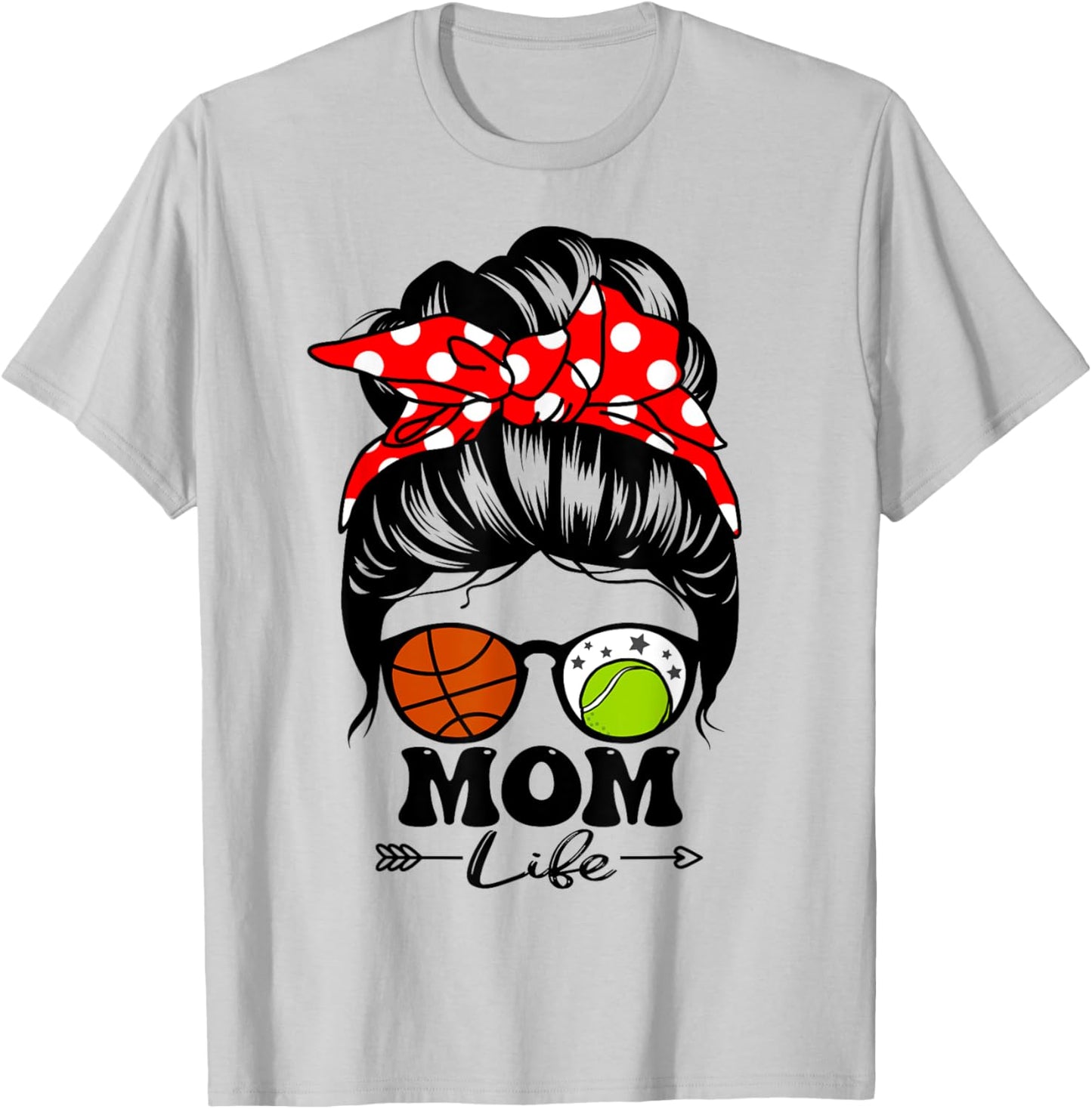 Mom Life Messy Bun Hair Funny Basketball Tennis Player Mom T-Shirt - T-Shirt | Ash