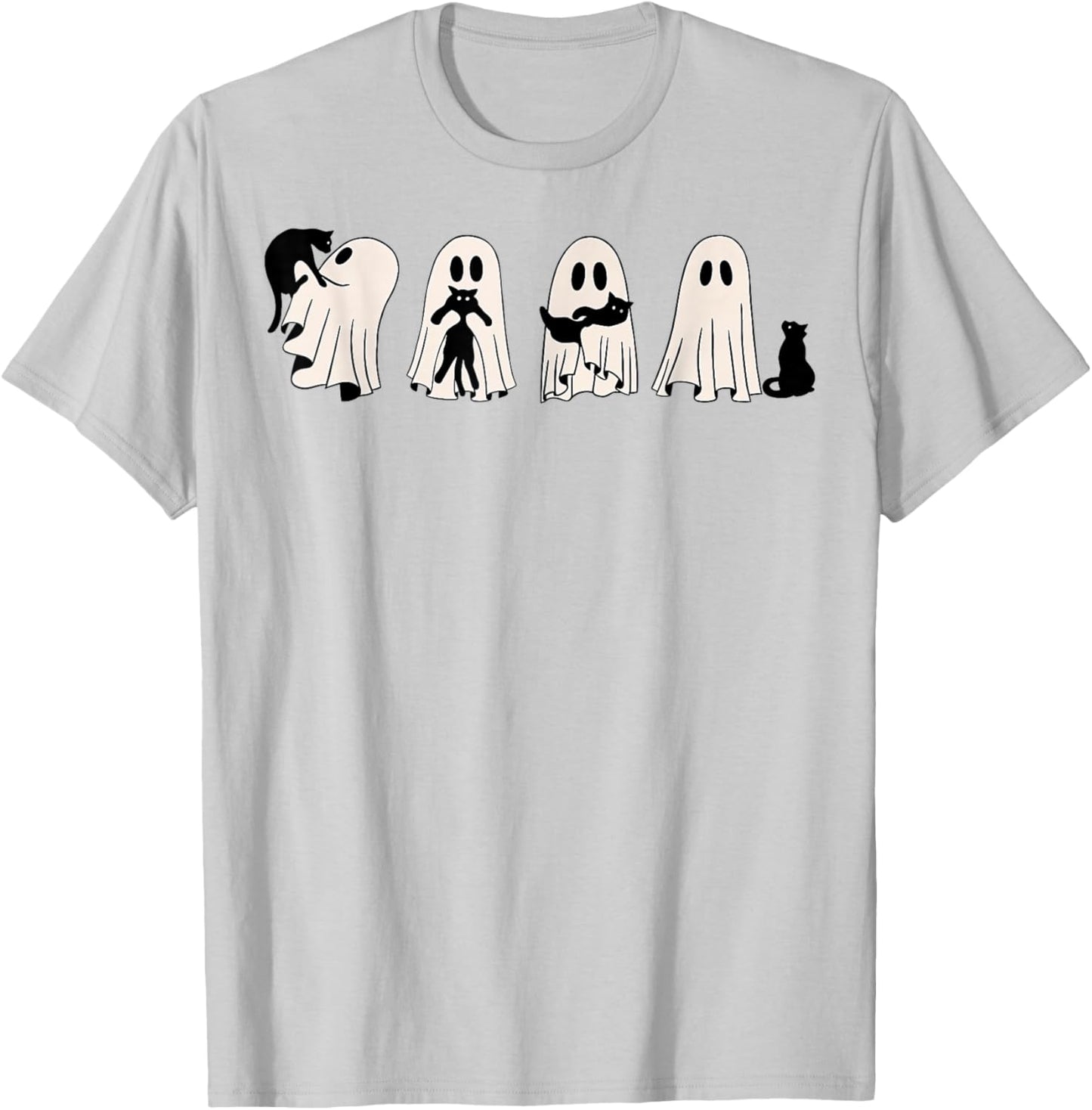 Ghost And Black Cat, Cute Ghost Holding Cat T-Shirt - T-Shirt | Ash