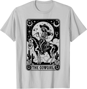 Skeleton Cowgirl Riding Horse Tarot Card Gothic Halloween T-Shirt - T-Shirt | Ash