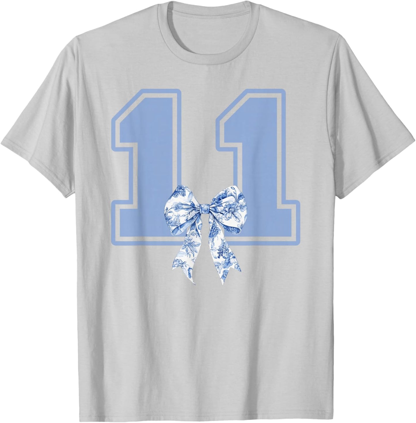 11th Birthday Girl Coquette Toile Blue Bow 11 Year Old Girl T-Shirt - T-Shirt | Ash