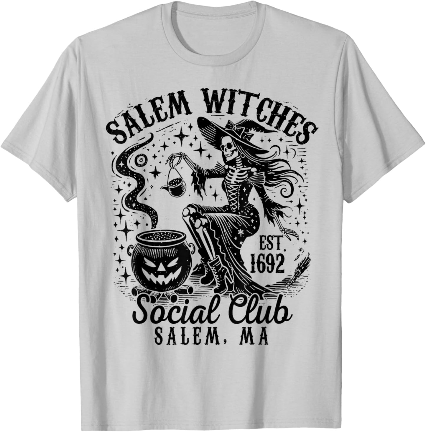 Salem Witches Social Club, Spooky Witch Skeleton Halloween T-Shirt - T-Shirt | Ash