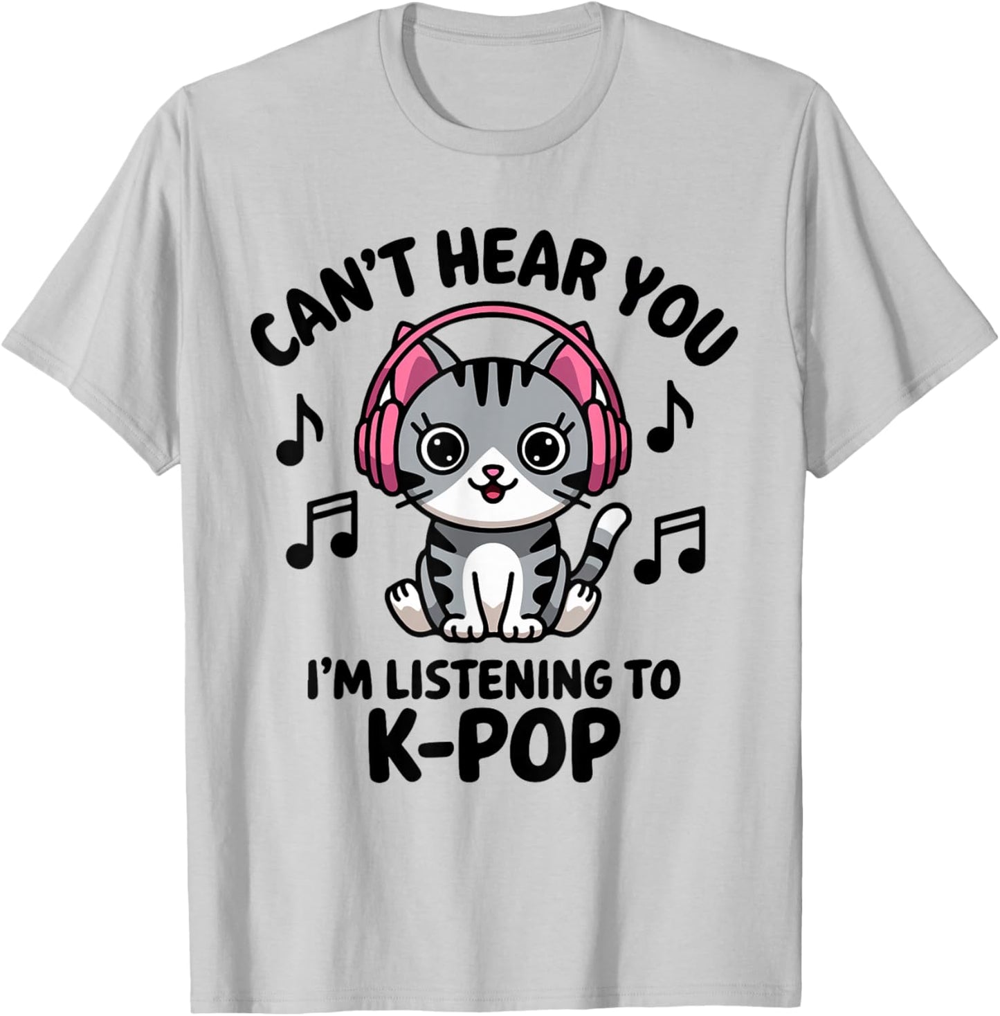Cute Cat Listening to K-Pop Music Headphones Lovers T-Shirt - T-Shirt | Ash