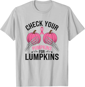 Check Your Pumpkins For Lumpkins Breast Cancer T-Shirt - T-Shirt | Ash