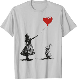 Alice in Wonderland with Balloon Rabbit Whimsical Fantasy T-Shirt - T-Shirt | Ash