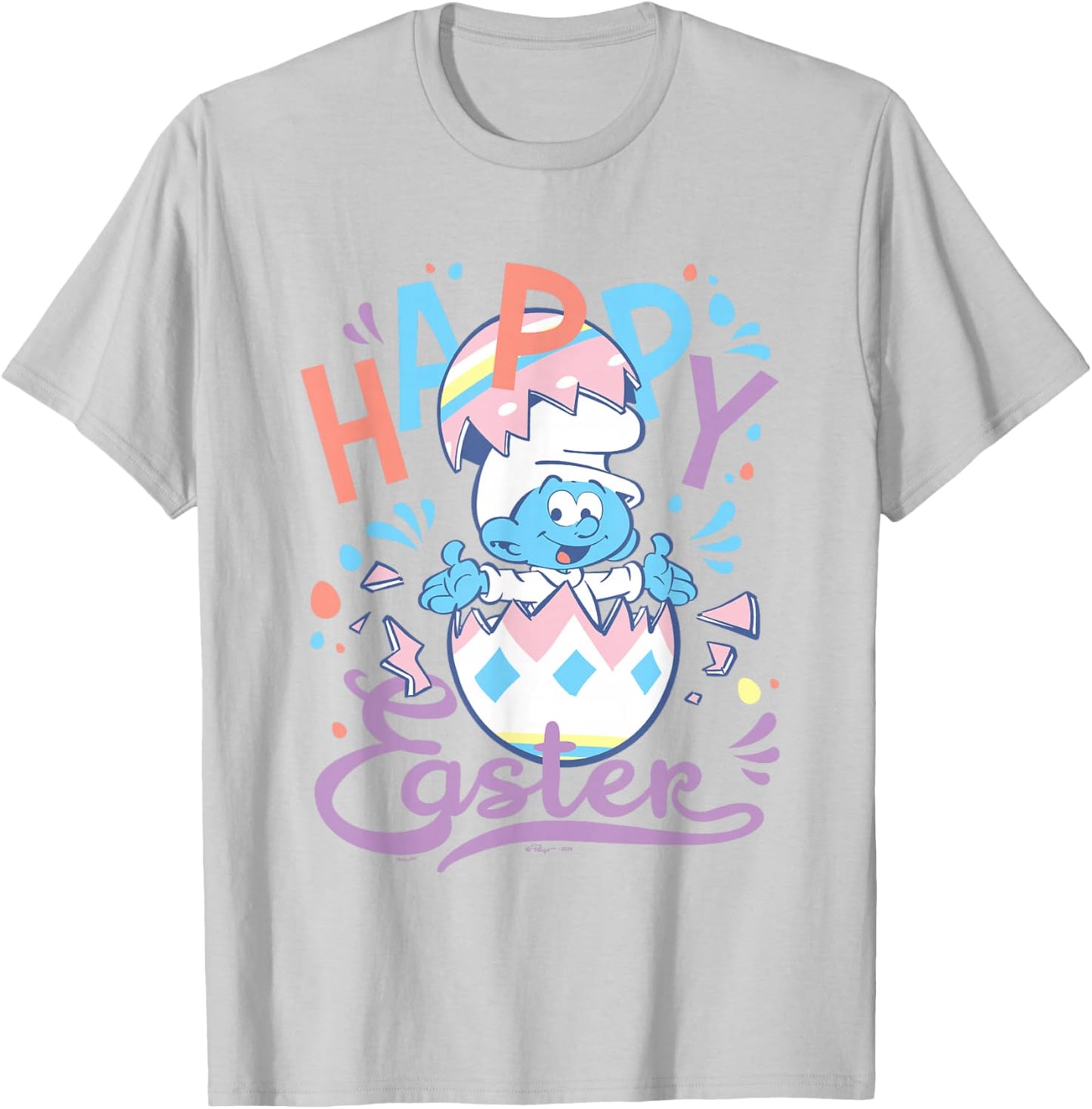 The Smurfs Happy Easter Cute Smurf Egg Pastel Colours Logo T-Shirt - T-Shirt | Ash