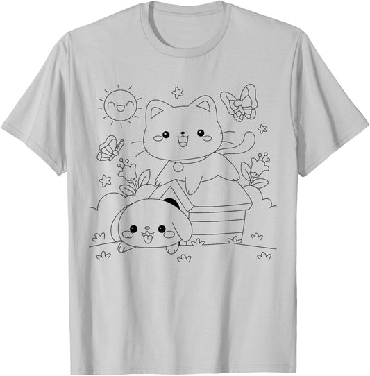 Cat with dog to paint and color T-Shirt - T-Shirt | Ash