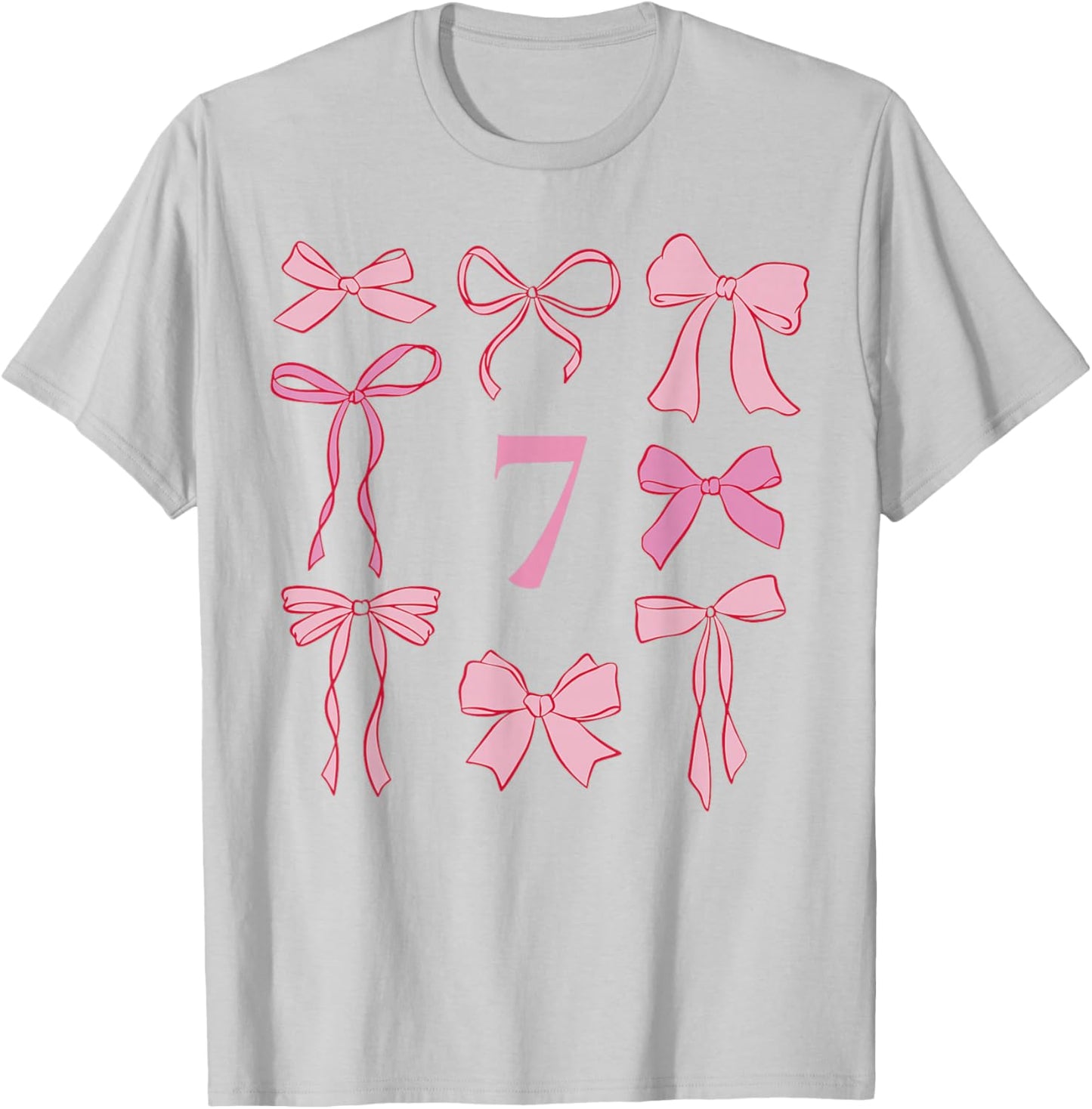 Hello Seven Coquette Preppy Pink Bow 7th Birthday Girl T-Shirt - T-Shirt | Ash