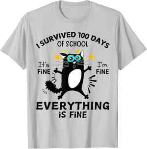 Funny Cat I Survived 100 Days Of School T-Shirt - T-Shirt | Ash
