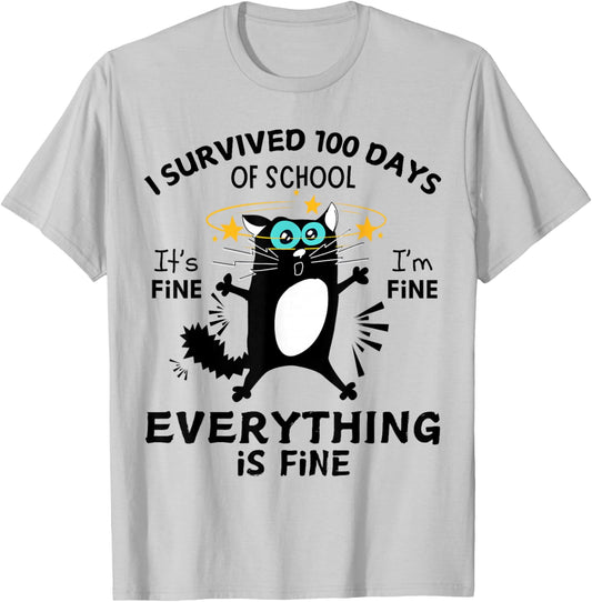 Funny Cat I Survived 100 Days Of School T-Shirt - T-Shirt | Ash