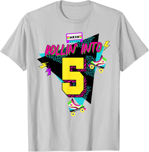 Rolling Into 5 Years Old Roller Skating Girl 5th Birthday T-Shirt - T-Shirt | Ash