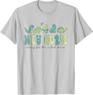 NICU Nurse Dinosaur Caring For The Cutest Dinos Neonatal ICU T-Shirt - T-Shirt | Ash