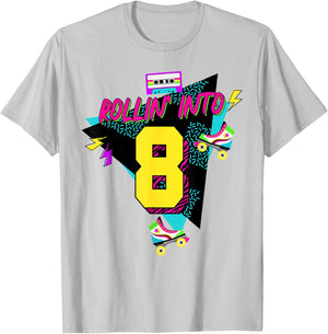 Rolling Into 8 Years Old Roller Skating Girl 8th Birthday T-Shirt - T-Shirt | Ash