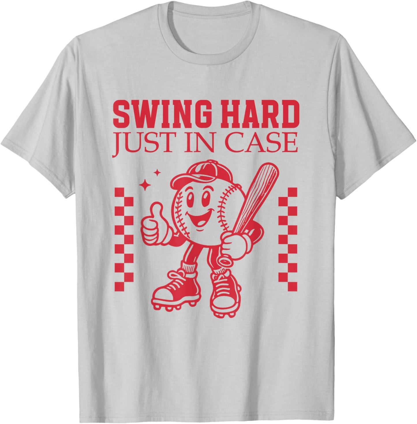 "Swing Hard Just In Case" Baseball Cartoon Bat Funny Sports T-Shirt - T-Shirt | Ash