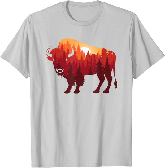 Buffalo Landscape Pine Tree Nature Bison Men Women T-Shirt - T-Shirt | Ash