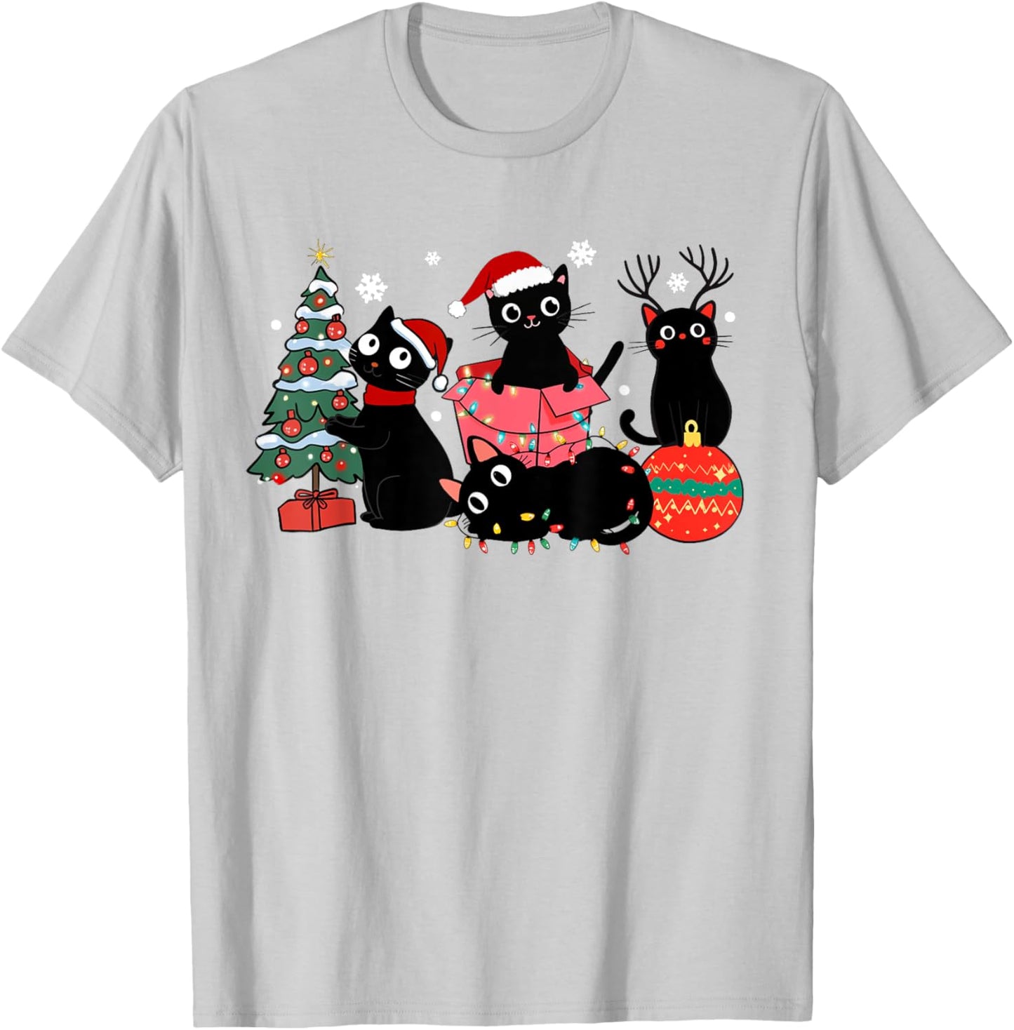 Meowy Christmas Black Cats Play Christmas Tree Lights Cats T-Shirt - T-Shirt | Ash