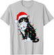 Tuxedo Cat Wearing Santa Hat Christmas Tree Lights Cat Lover T-Shirt - T-Shirt | Ash