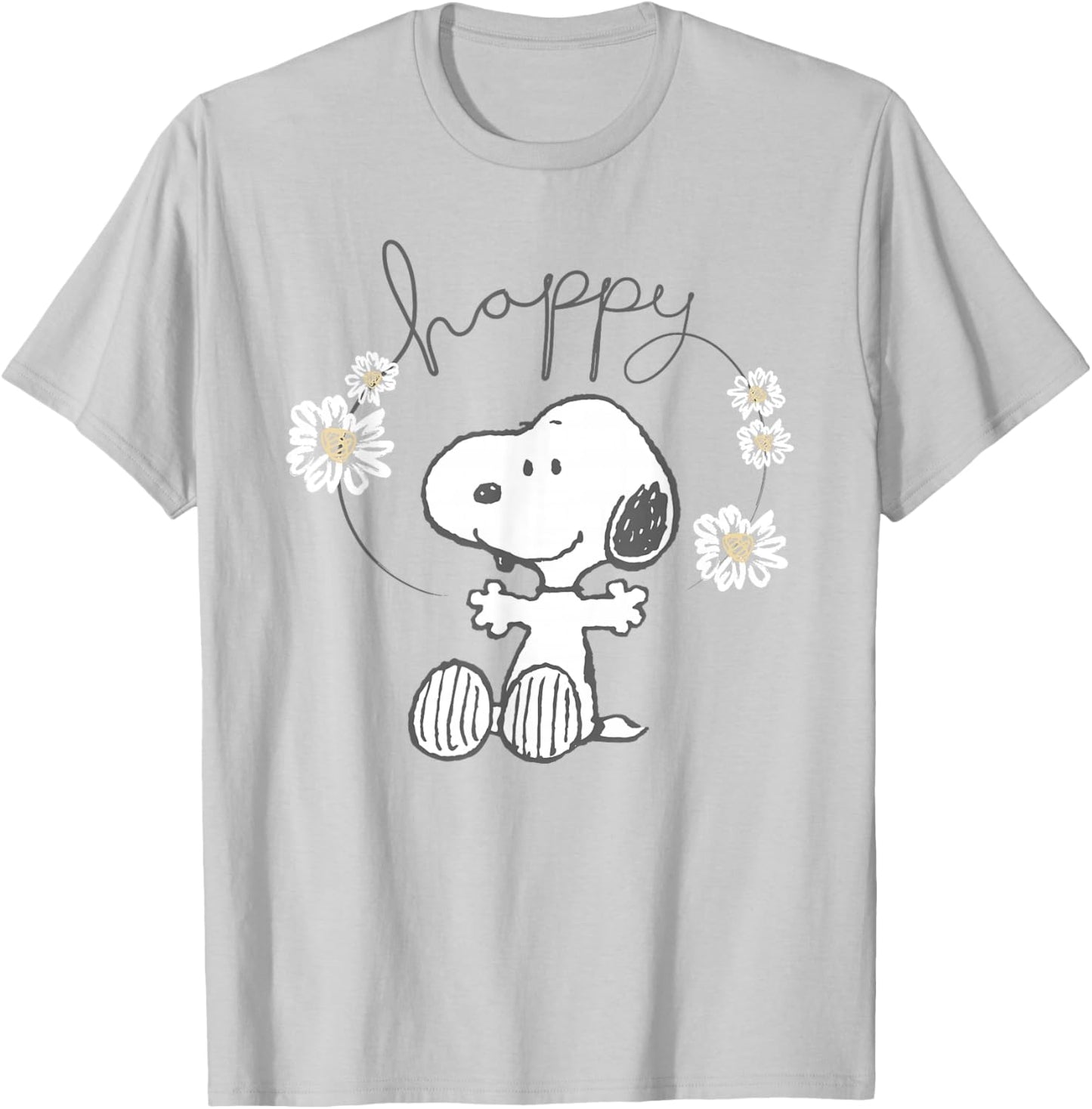 Peanuts Snoopy Happy Surrounded By Daisies T-Shirt - T-Shirt | Ash