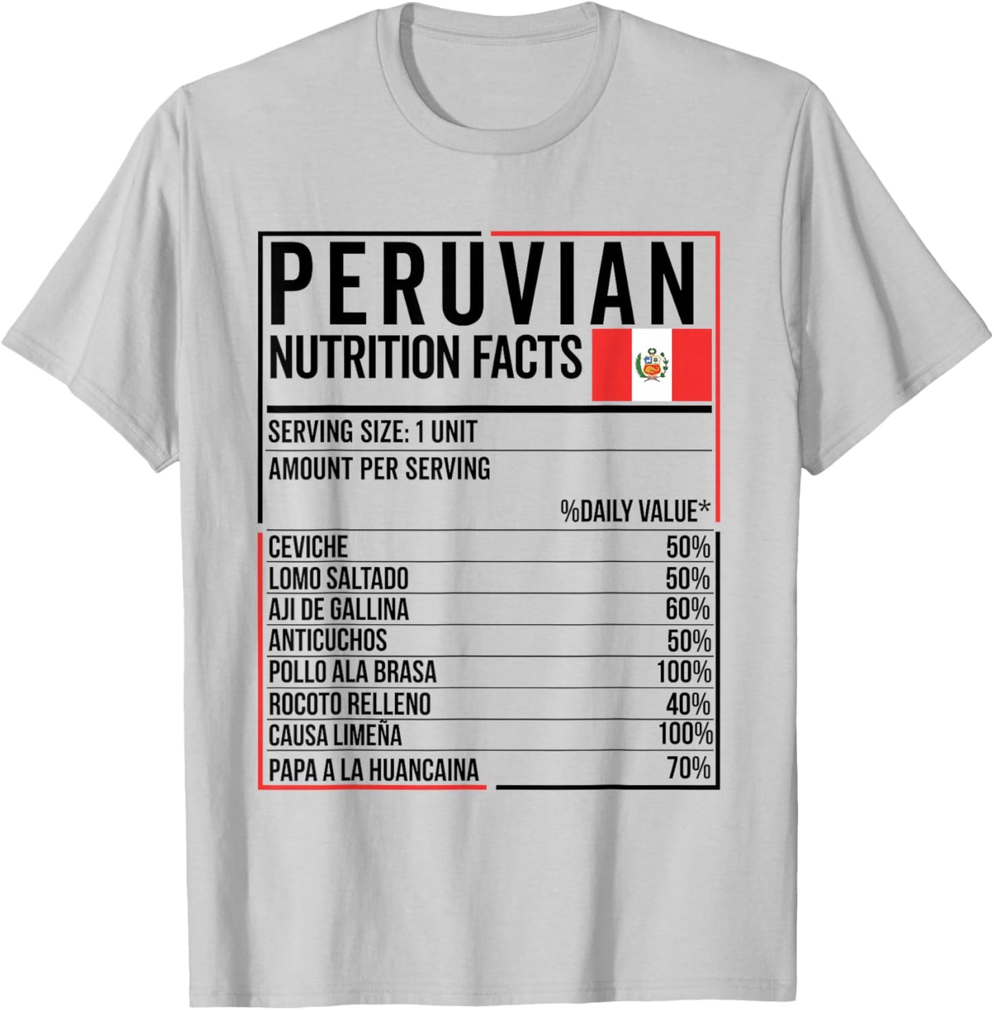 Peruvian Nutrition Facts Food Camiseta Peru Comida Peruana T-Shirt - T-Shirt | Ash