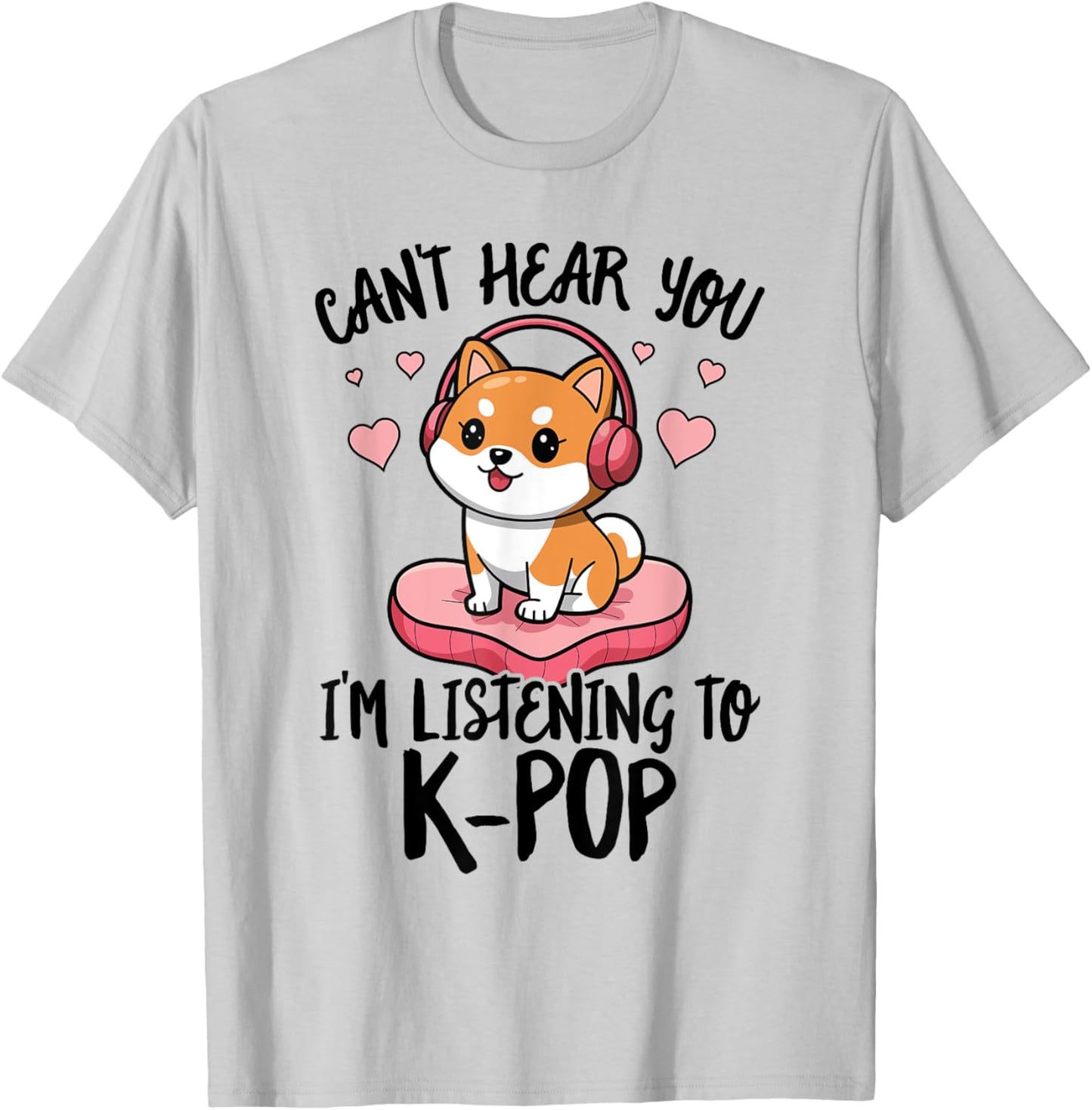 Cute Shiba Inu Dog Headphones K-Pop Music Lover Heart Kawaii T-Shirt - T-Shirt | Ash