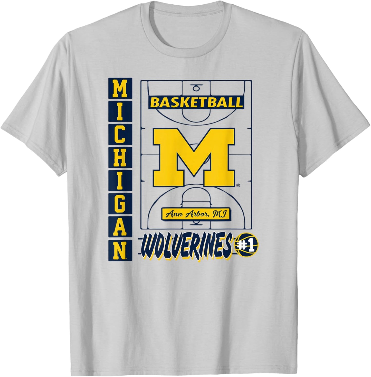 Michigan Wolverines Basketball Vintage Court Gray T-Shirt - T-Shirt | Ash