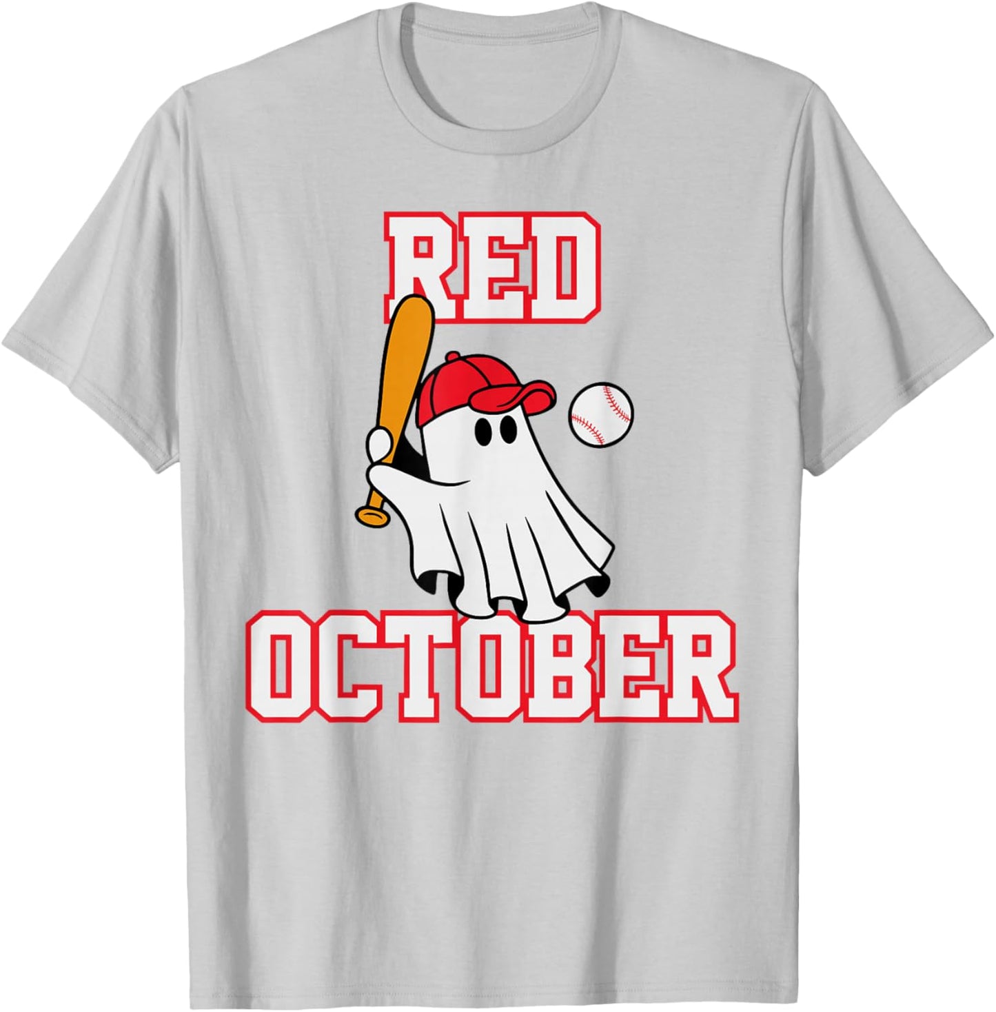 Red October Halloween Ghost Playing Baseball Sport Women Men T-Shirt - T-Shirt | Ash
