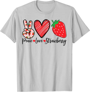 Peace Love Strawberry Graphic Fruit Design T-Shirt - T-Shirt | Ash