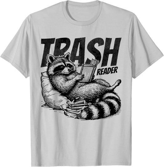 Trash Reader Funny Raccoon Reading Book Bookish Apparel T-Shirt - T-Shirt | Ash