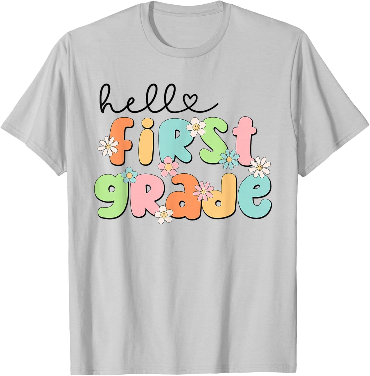 Hello 1st Grade Back to School Groovy Teacher Kids Girls T-Shirt - T-Shirt | Ash