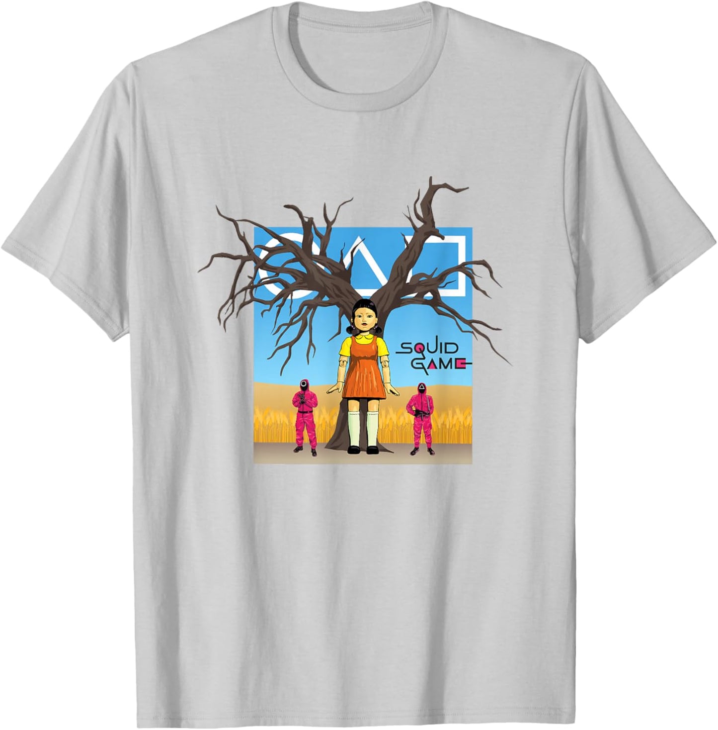 Squid Game 2 Doll & Guards In Red Light Green Light Field T-Shirt - T-Shirt | Ash