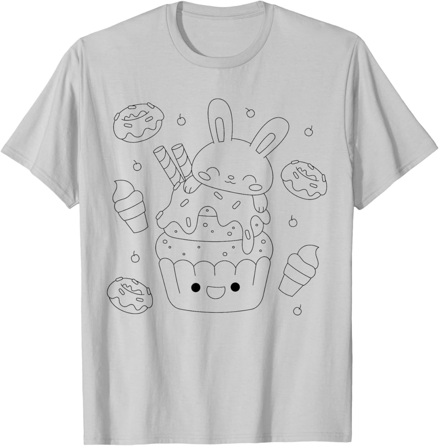Rabbit with cupcake and donut to paint and color T-Shirt - T-Shirt | Ash