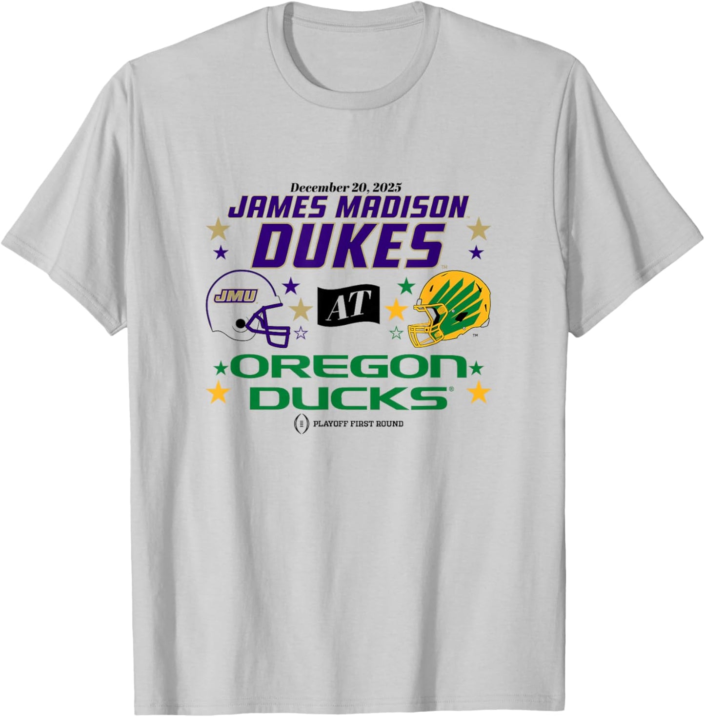 Oregon Ducks & JMU Dukes: 2025 CFP First Round Matchup T-Shirt - T-Shirt | Ash