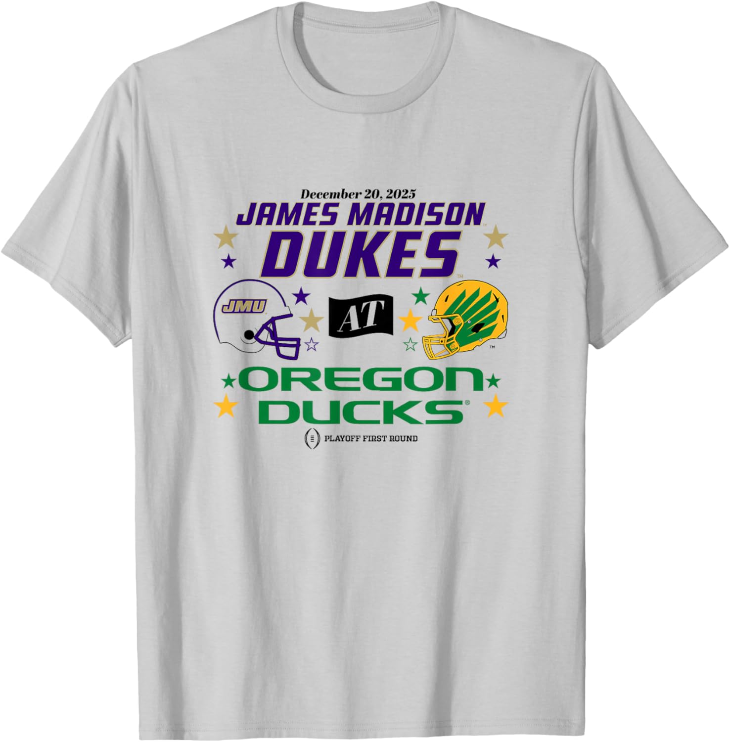 Oregon Ducks & JMU Dukes: 2025 CFP First Round Matchup T-Shirt - T-Shirt | Ash